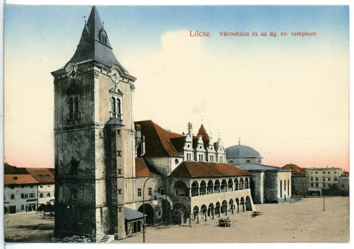 Old 1911 postcard showing the town hall and the Lutheran church of Levoča