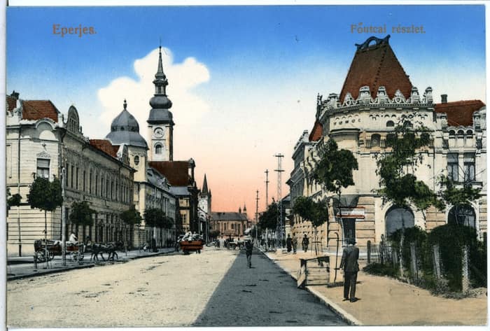 Historic postcard of the main street of Prešov in 1912