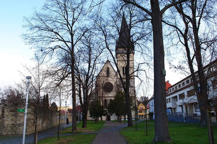 The Basilica of St Giles rising above the old town of Bardejov