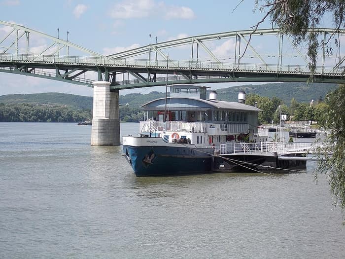 A historic ship moored by the Mária Valéria Bridge in Esztergom