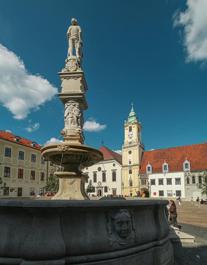The fountain on the square in Bratislava's Old Town