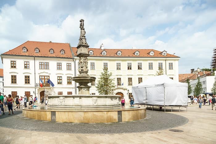 Close view of the Maximilian Fountain in Bratislava