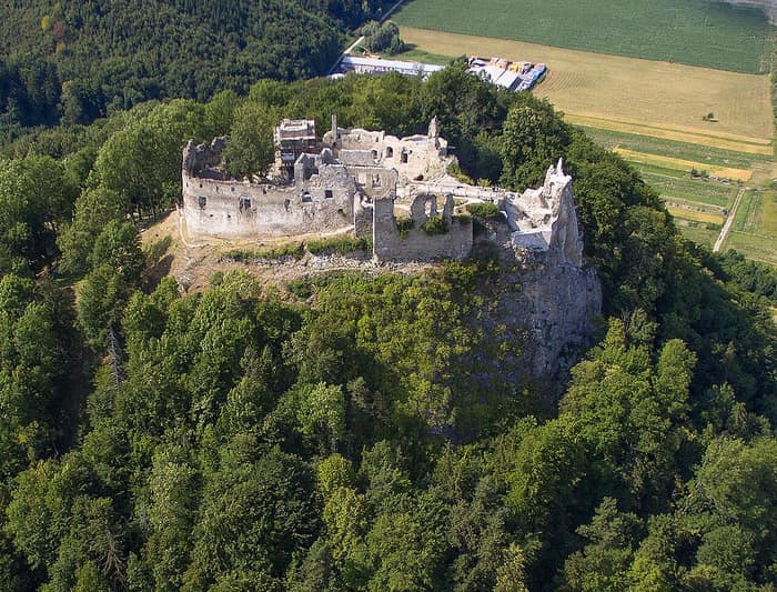 Ruins of Považský hrad on its cliff above the Váh valley