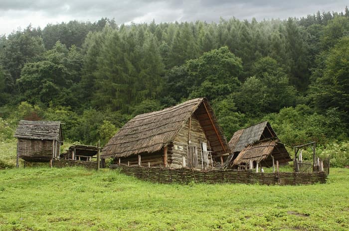 Reconstructed Celtic settlement in the open-air archaeological museum at Havránok