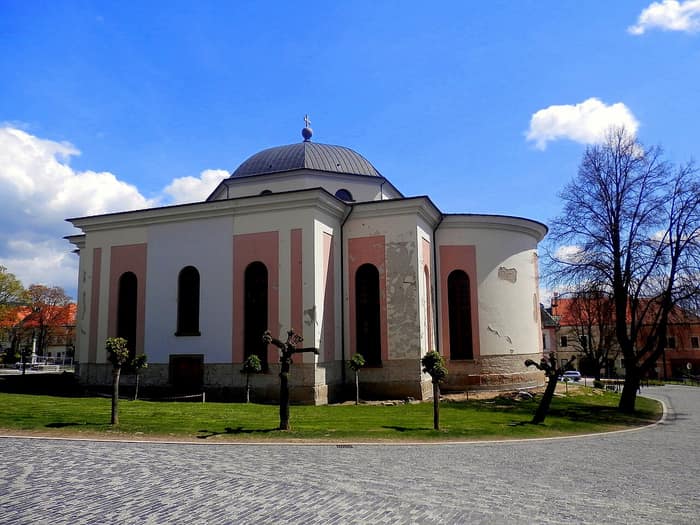 The domed Evangelical church seen from the square in Levoča