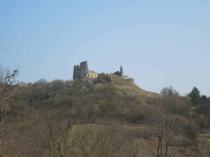 Ruins of Čičava Castle on its wooded hill