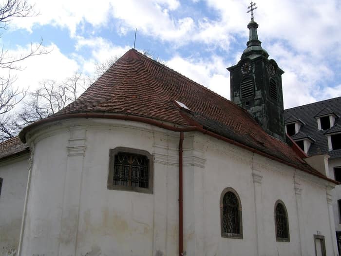 The tower and façade of the Holy Trinity Church in Bratislava