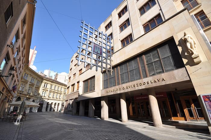 The symbolic portcullis marking the site of Laurinc Gate in Bratislava