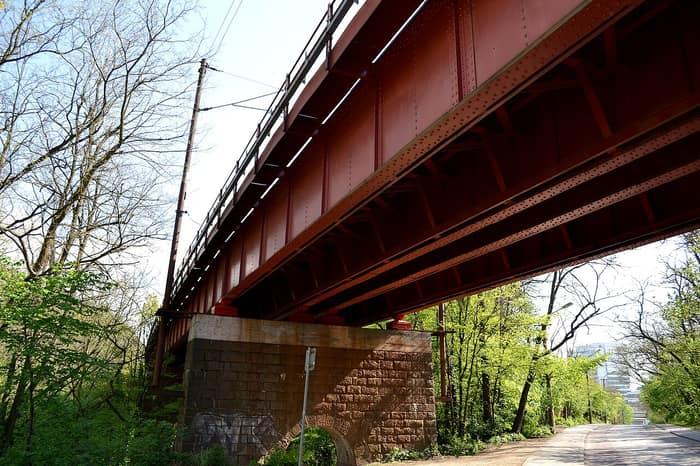 The red railway bridge Červený most over Mlynská dolina
