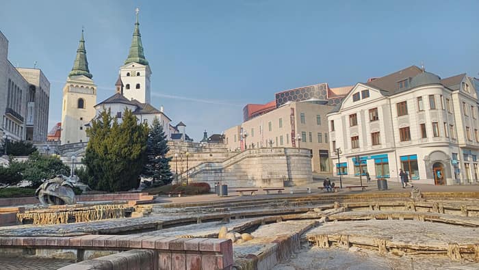 Námestie Andreja Hlinku square in Žilina below the cathedral
