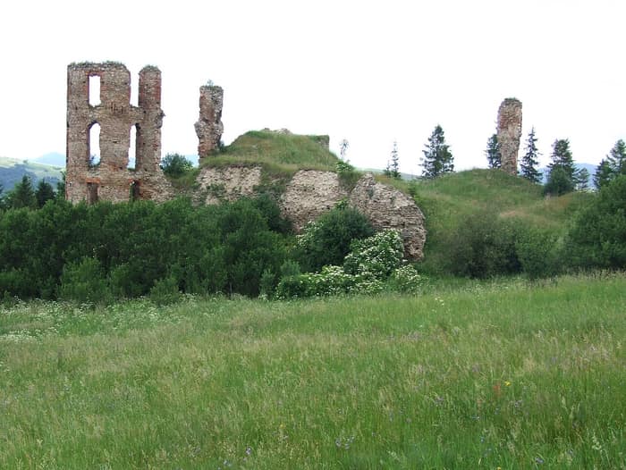 Ruins of Plaveč Castle on its hill above the village