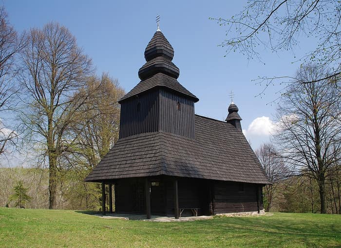 Front view of the wooden church in Ruská Bystrá