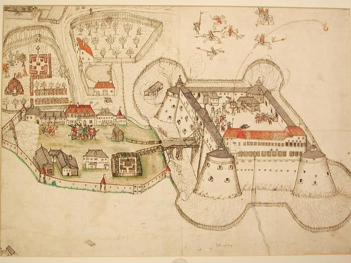 Historic drawing of the castle, then called Pibersburg, around 1570