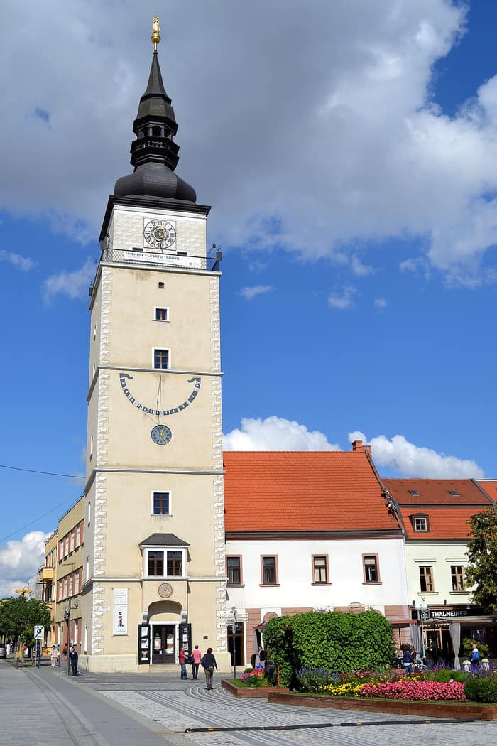 The City Tower rising above the old town of Trnava